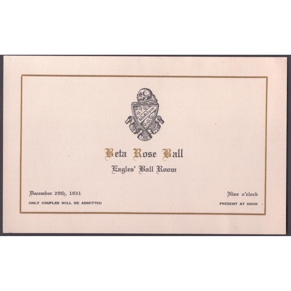 Antique 1931 Admission Ticket Beta Rose Ball Fraternity Skull Crest Ephemera